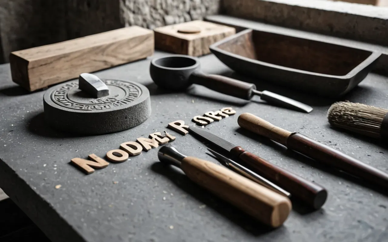 Editorial still life of stone chisels and grinding tools arranged on a neutral gray surface with soft natural light from the side.