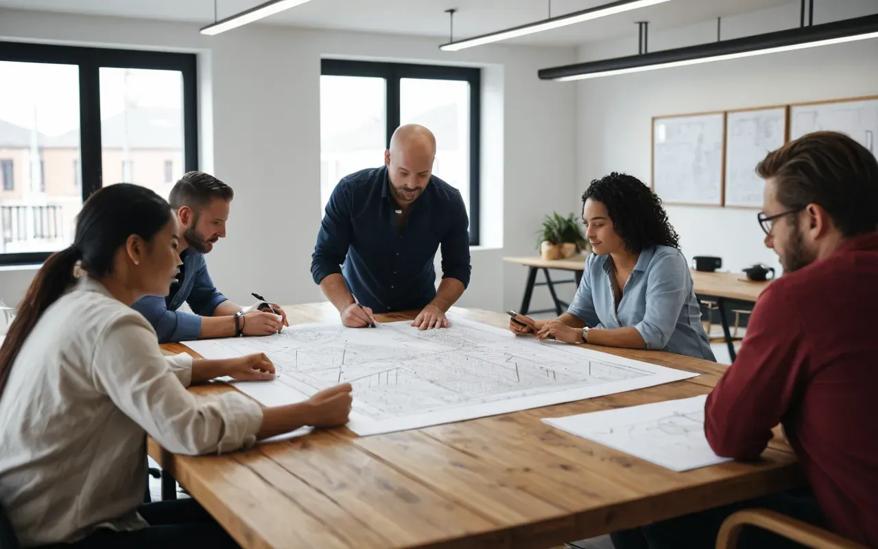 collaborative planning process Group of diverse modern people collaborating around a large wooden table reviewing detailed architectural drawings in a bright contemporary office setting with natural daylight streaming through windows