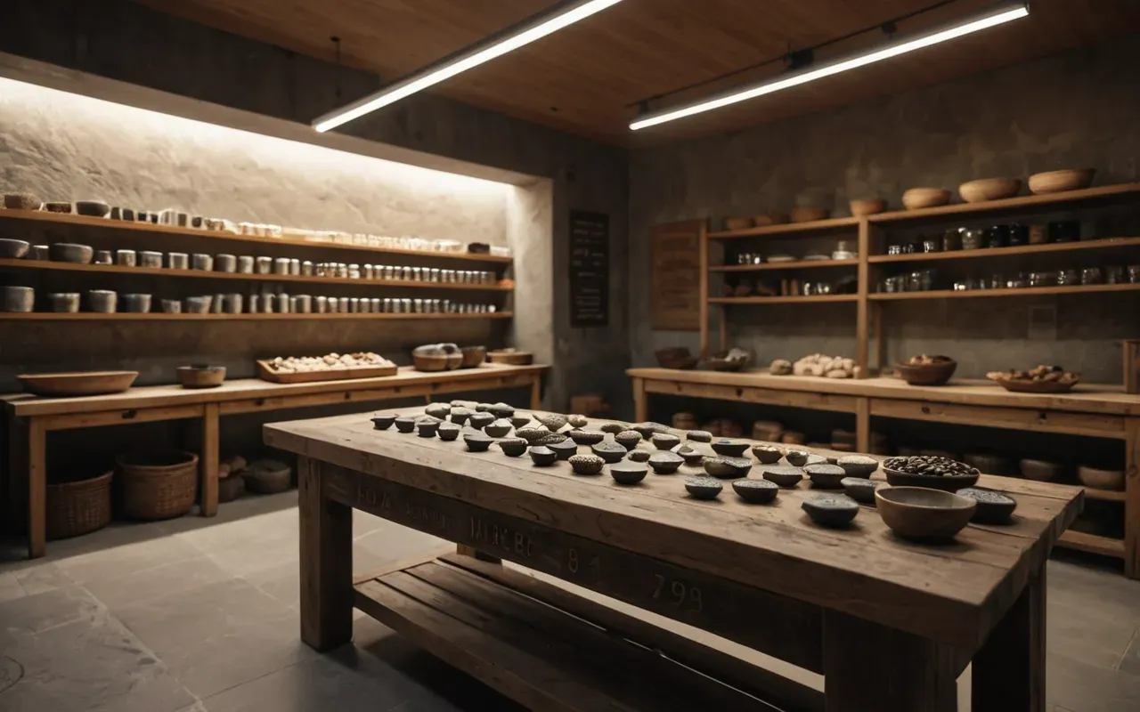 stone artifact workshop Interior of a modern minimalist workshop with wooden workbenches and glass display cases containing polished stone artifacts under warm ambient lighting