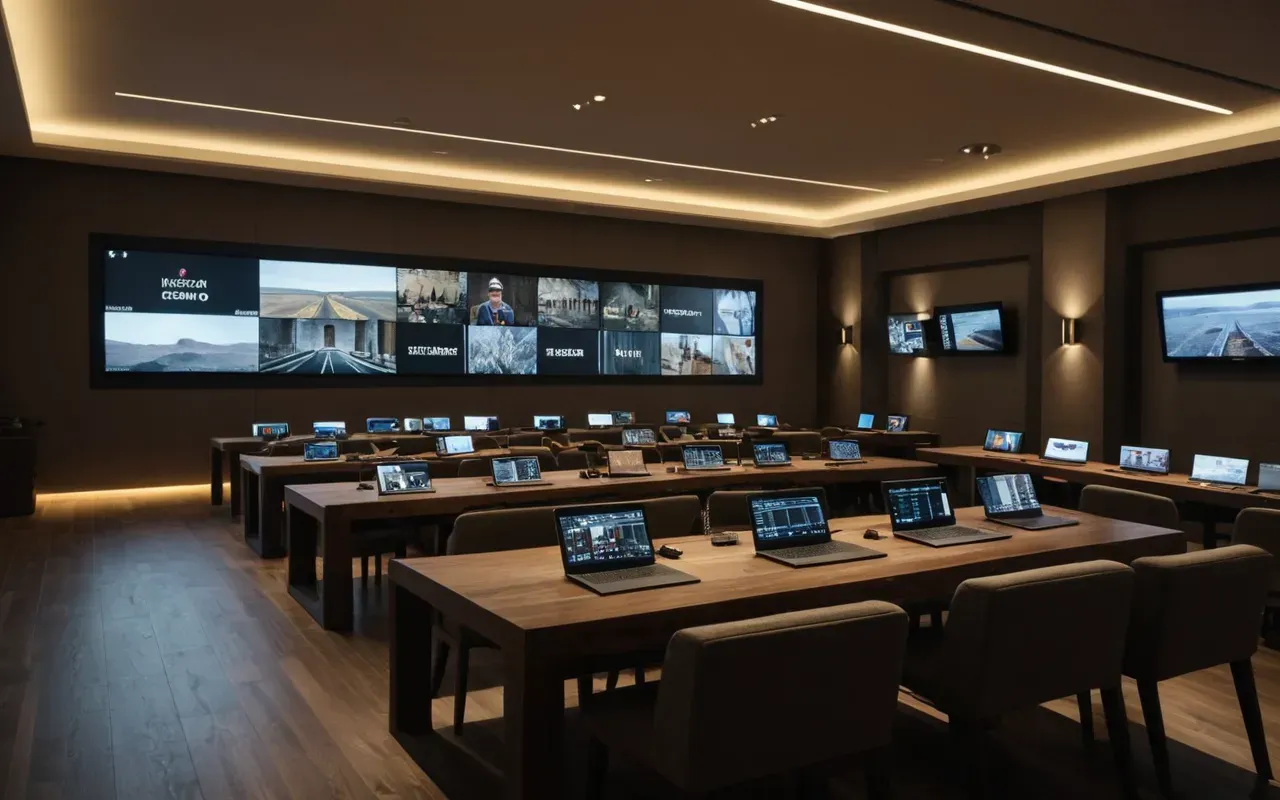Interior of a modern streaming room with multiple screens displaying historical footage, soft ambient lighting and neutral furniture arrangement