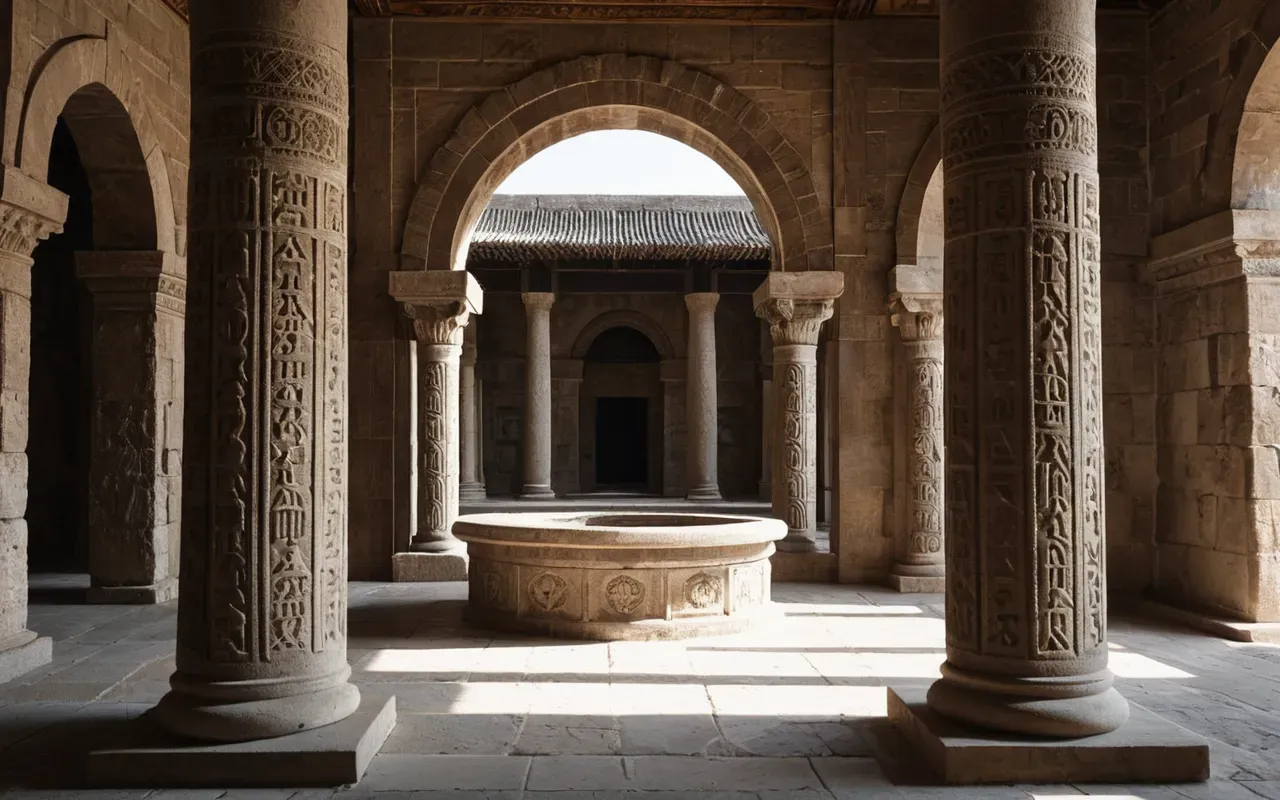 circular stone interior architecture Interior view of a circular stone room with tall pillars and soft natural light filtering through an opening above, clean architectural photography