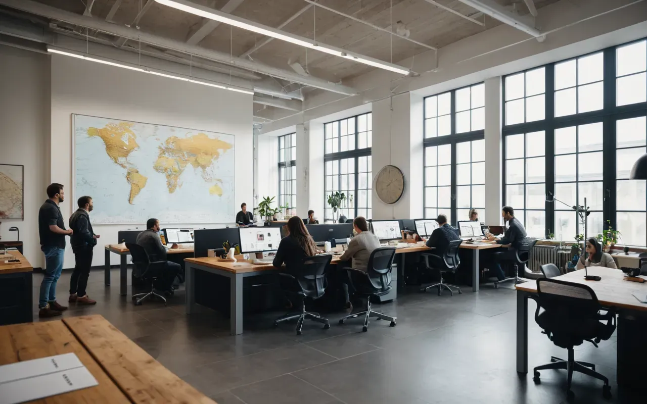 modern collaboration Interior view of a modern open-plan workspace with people collaborating around large maps and models, natural light from large windows, casual professional atmosphere