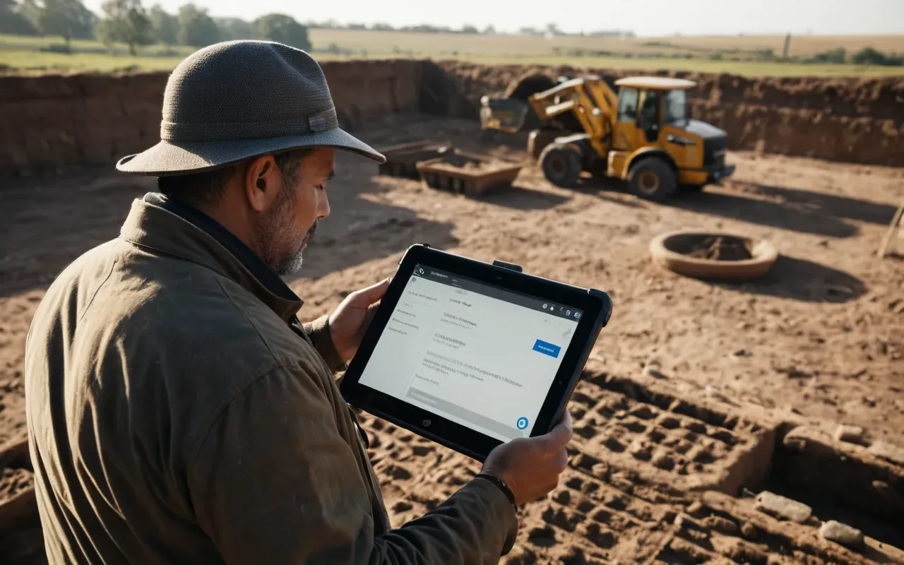 Modern archaeologist using a tablet device in an outdoor excavation site with soft morning light and neutral earth tones surrounding the equipment