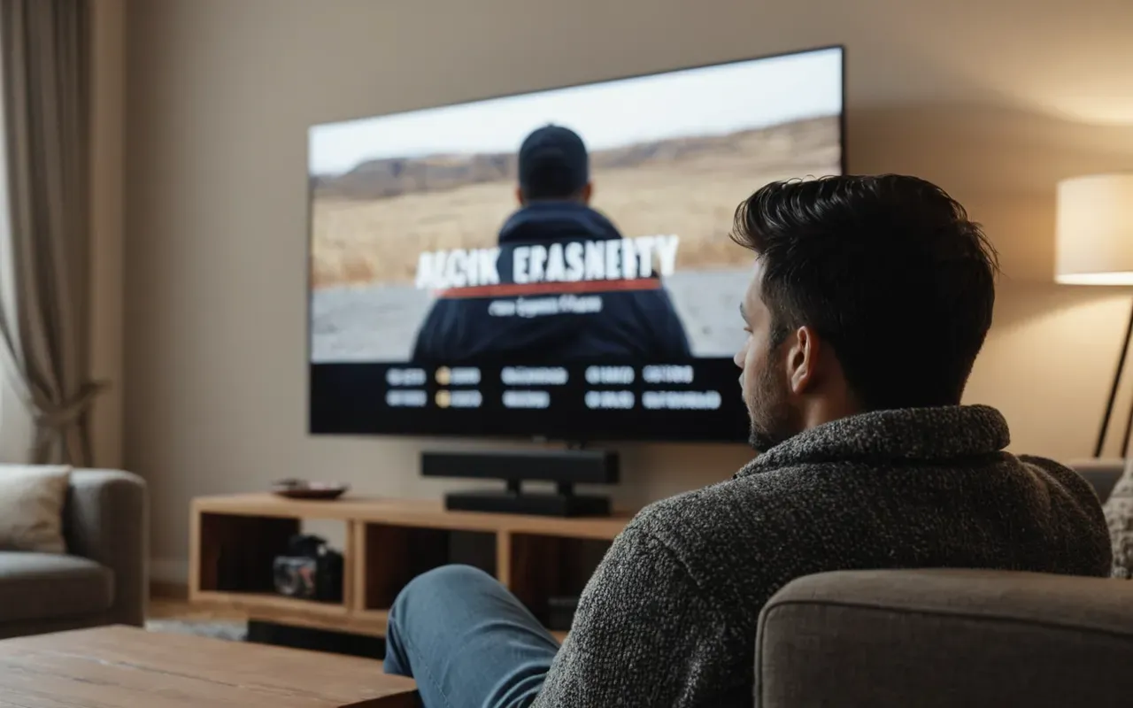 Person sitting in a modern living room watching a large screen, cozy interior, soft lighting, neutral decor, focused on the screen