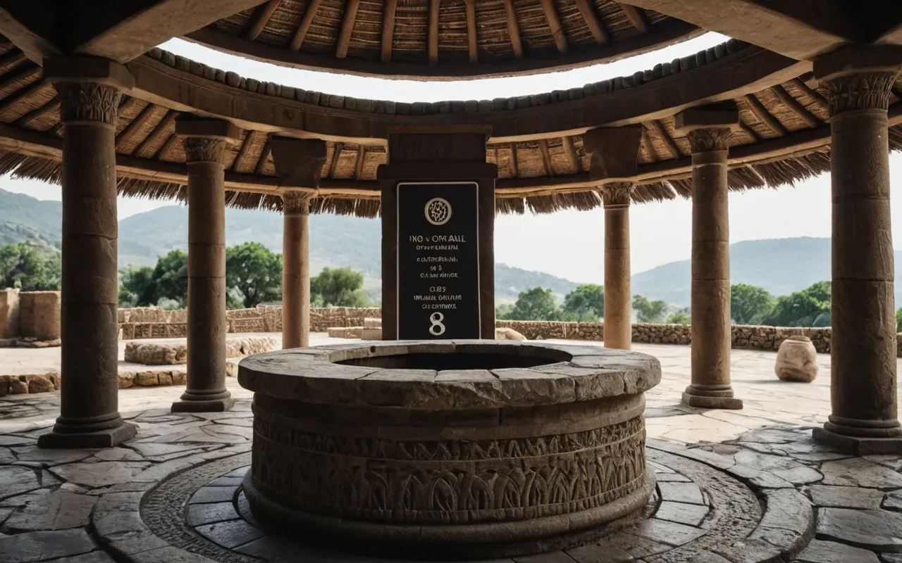 Photo-realistic view of ancient stone pillars in a circular arrangement under a modern protective roof structure with soft natural lighting and no text or signs visible.