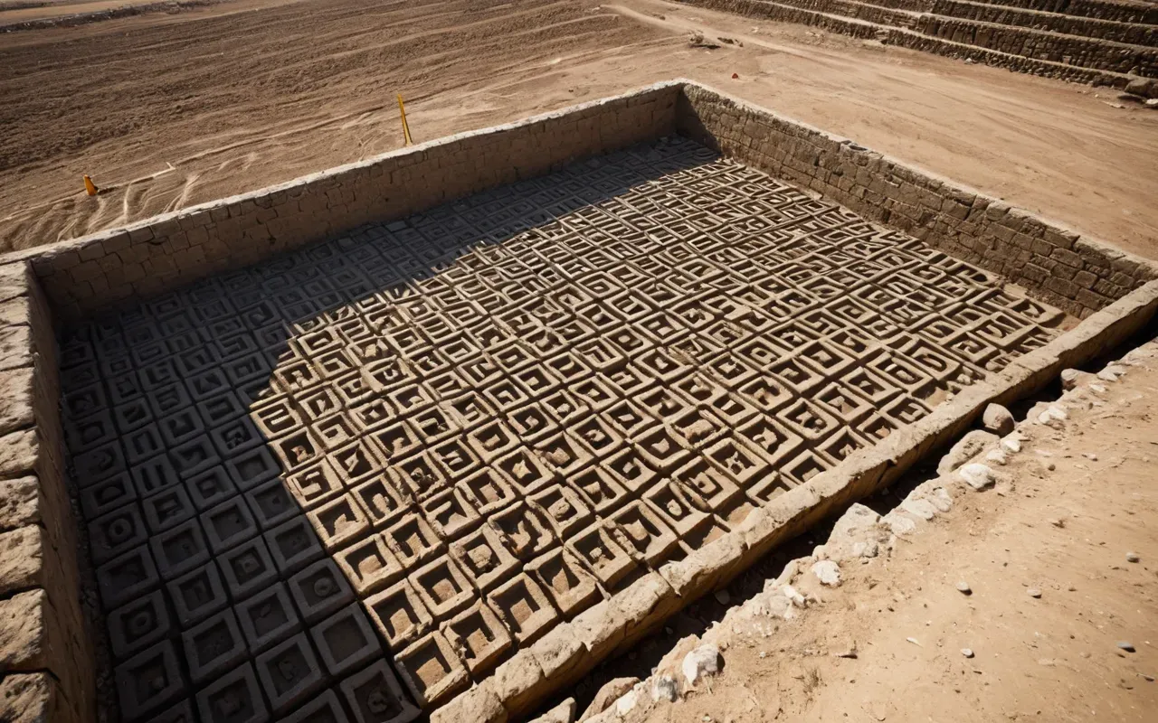 Wide angle view of an archaeological excavation site with grid lines and tools laid out on the ground under bright daylight