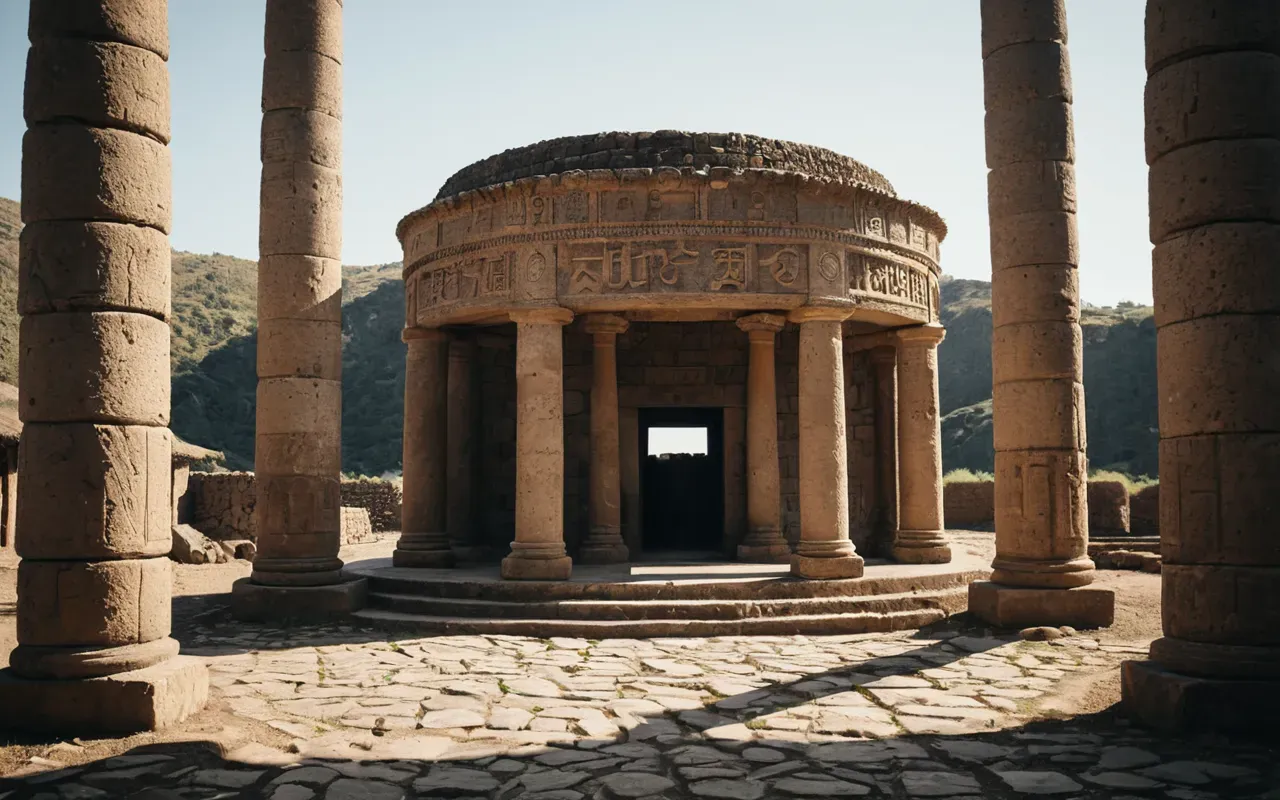Wide editorial photograph of a circular stone structure embedded in earth with tall T-shaped pillars rising vertically, soft natural daylight filtering through an open excavation area, neutral tones