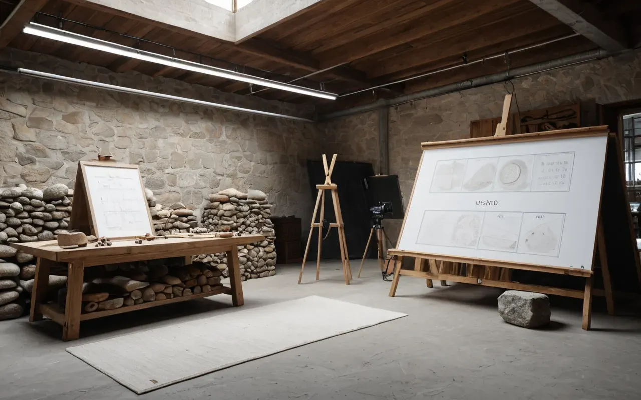 Wide editorial photograph of a modern architecture studio with large drawing boards and stone samples under soft diffused light in neutral tones