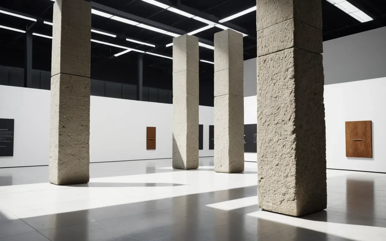 megalithic structures Wide editorial photograph of a modern minimalist museum exhibit featuring large T-shaped stone pillars, soft ambient lighting, clean white floor, professional gallery photography