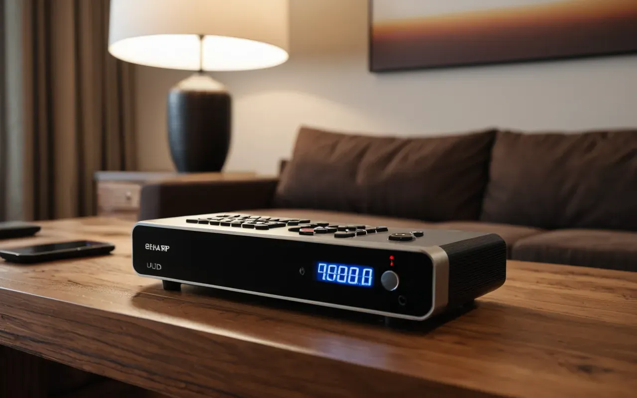 Wide editorial photograph of a modern streaming device on a wooden coffee table with remote control and soft ambient lighting from a lamp in the background