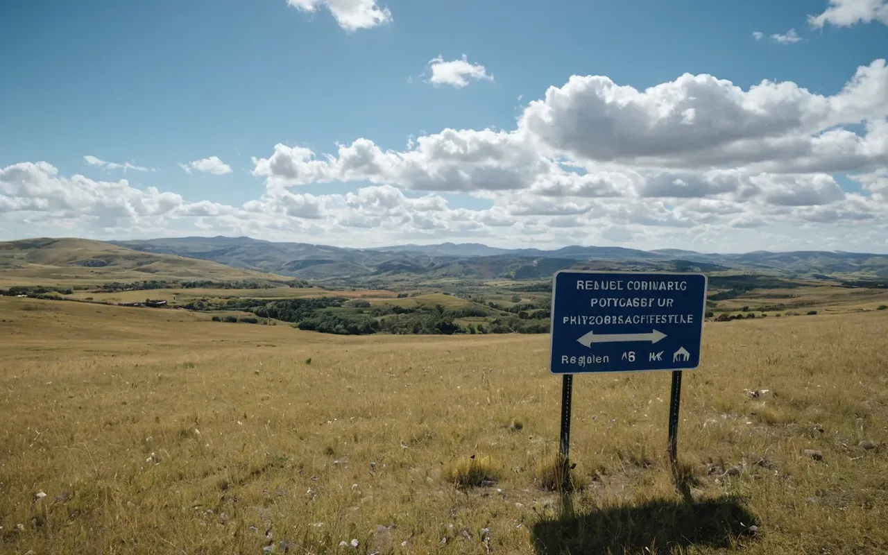 ancient civilizations map layout Wide panoramic view of a modern landscape with rolling hills and sparse vegetation under a bright blue sky with scattered white clouds, natural daylight and high dynamic range photography style