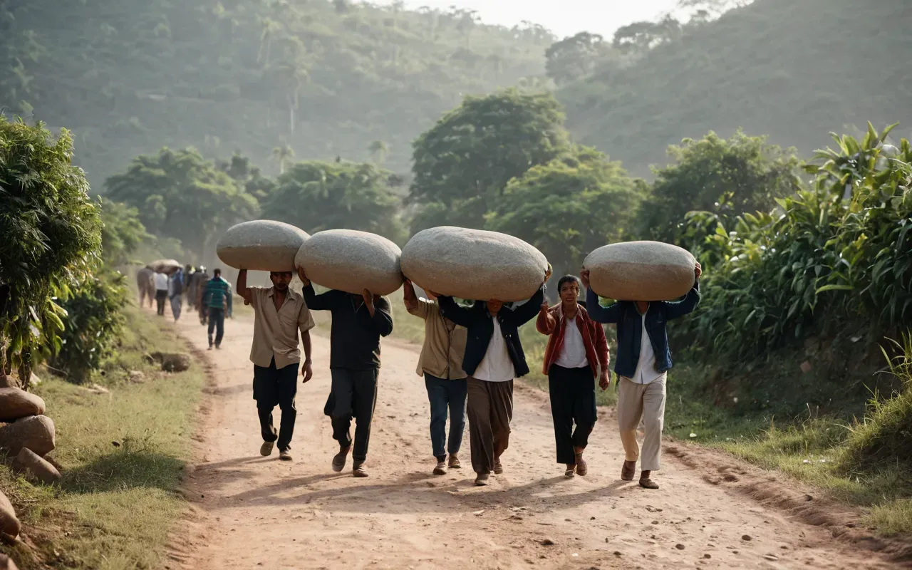 stone carrying Wide shot of a group of people carrying a large stone over a dirt path, soft morning light, editorial photography, neutral clothing, no text, no logos