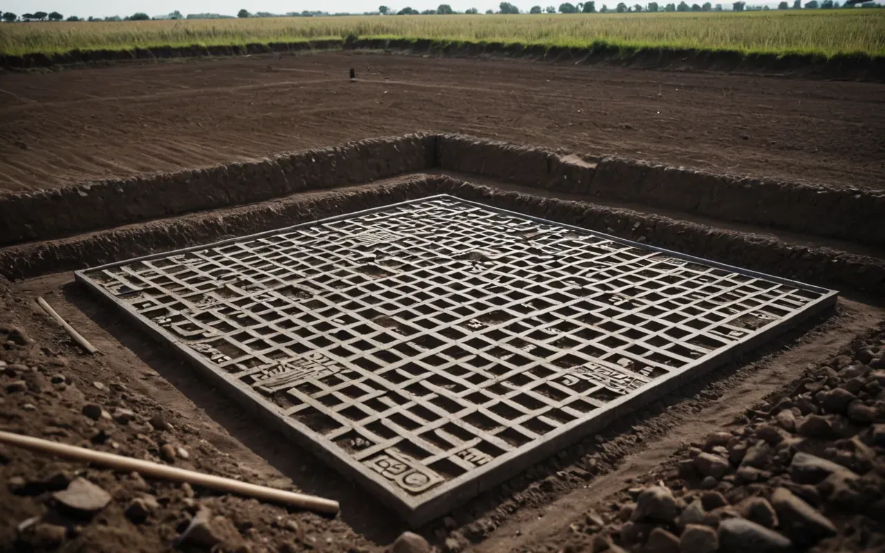 archaeological excavation Wide shot of a modern archaeological dig site with grid lines and tools arranged neatly on the soil surface, overcast daylight creating soft shadows, documentary photography style