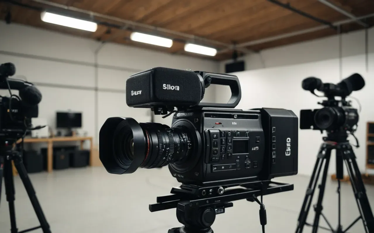 Wide shot of a modern documentary film set with cameras and lighting rigs, neutral studio environment, professional production equipment, soft artificial light, no people visible