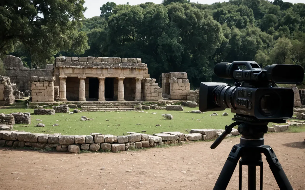 Wide shot of a modern documentary set with cameras and lighting rigs positioned near ancient stone ruins, natural daylight filtering through trees