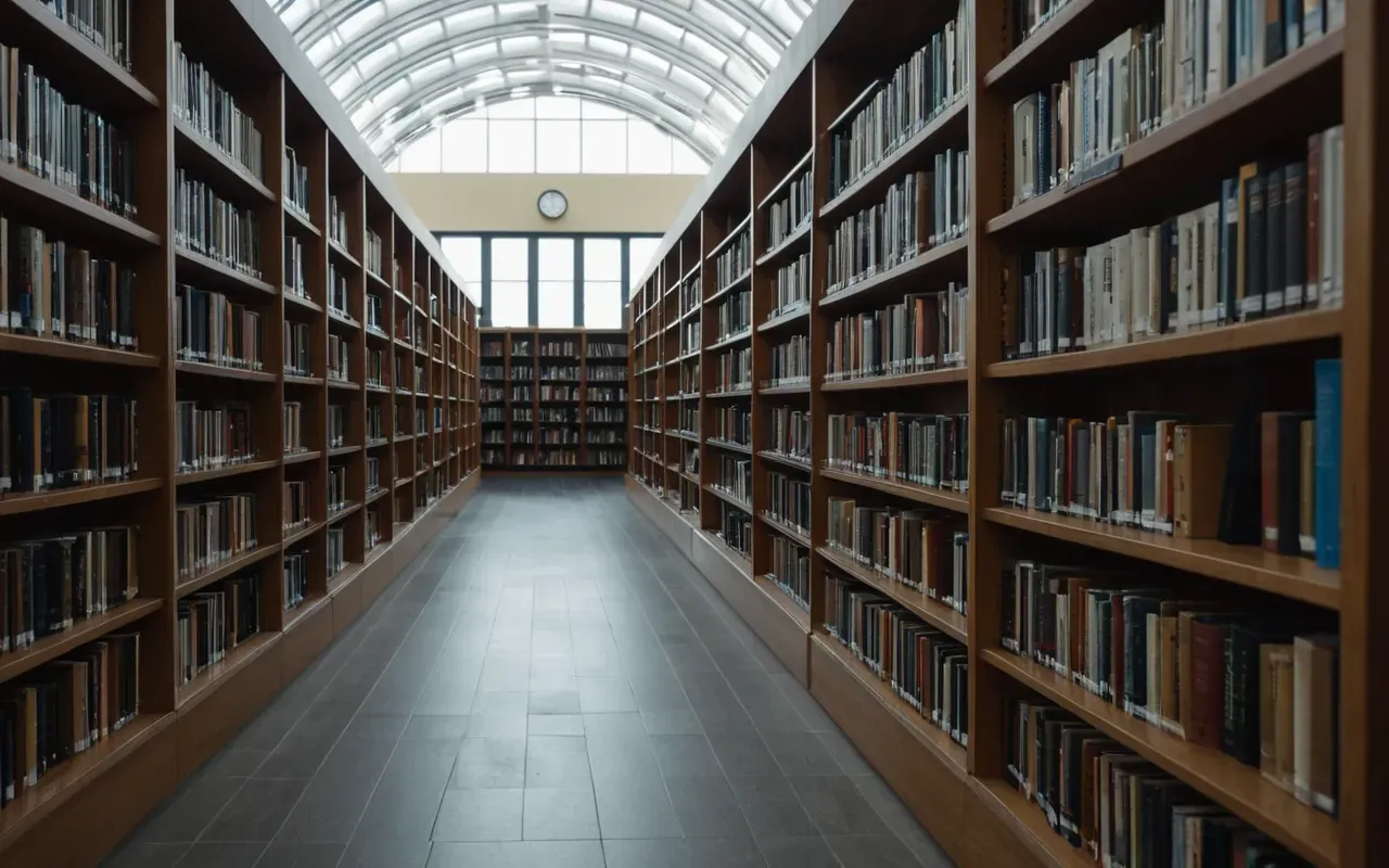 Wide shot of a modern library interior with rows of bookshelves and soft natural light streaming through large windows creating a calm intellectual atmosphere