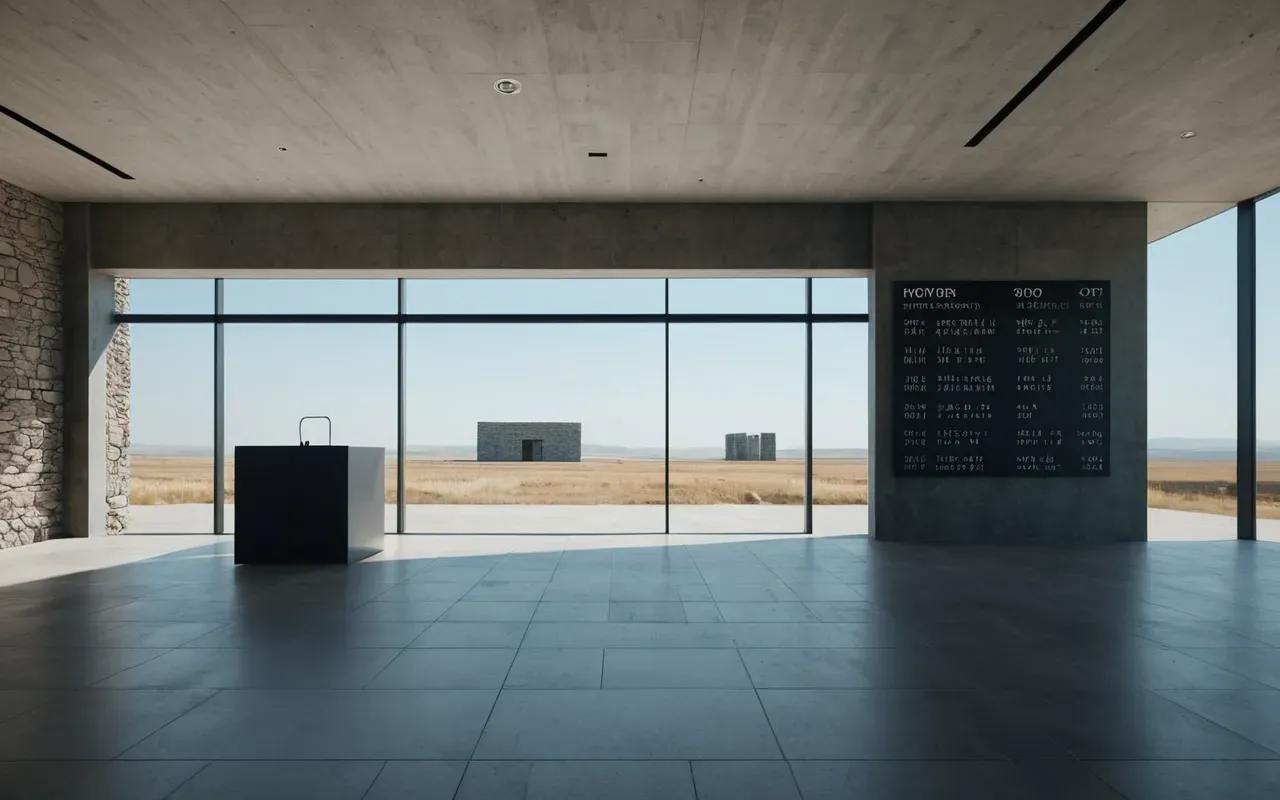 ancient civilizations map Wide shot of a modern minimalist interior with large floor-to-ceiling windows showing a hazy blue sky and distant geometric stone structures in the landscape, soft diffused daylight