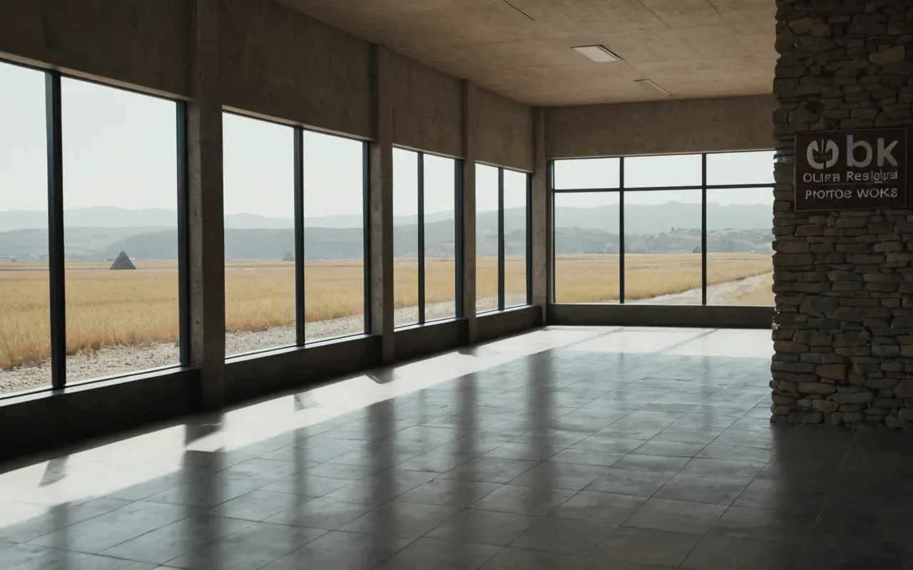 ancient civilizations map perspective Wide shot of a modern minimalist interior with large windows showing distant stone structures in the landscape under soft natural daylight and neutral earth tones