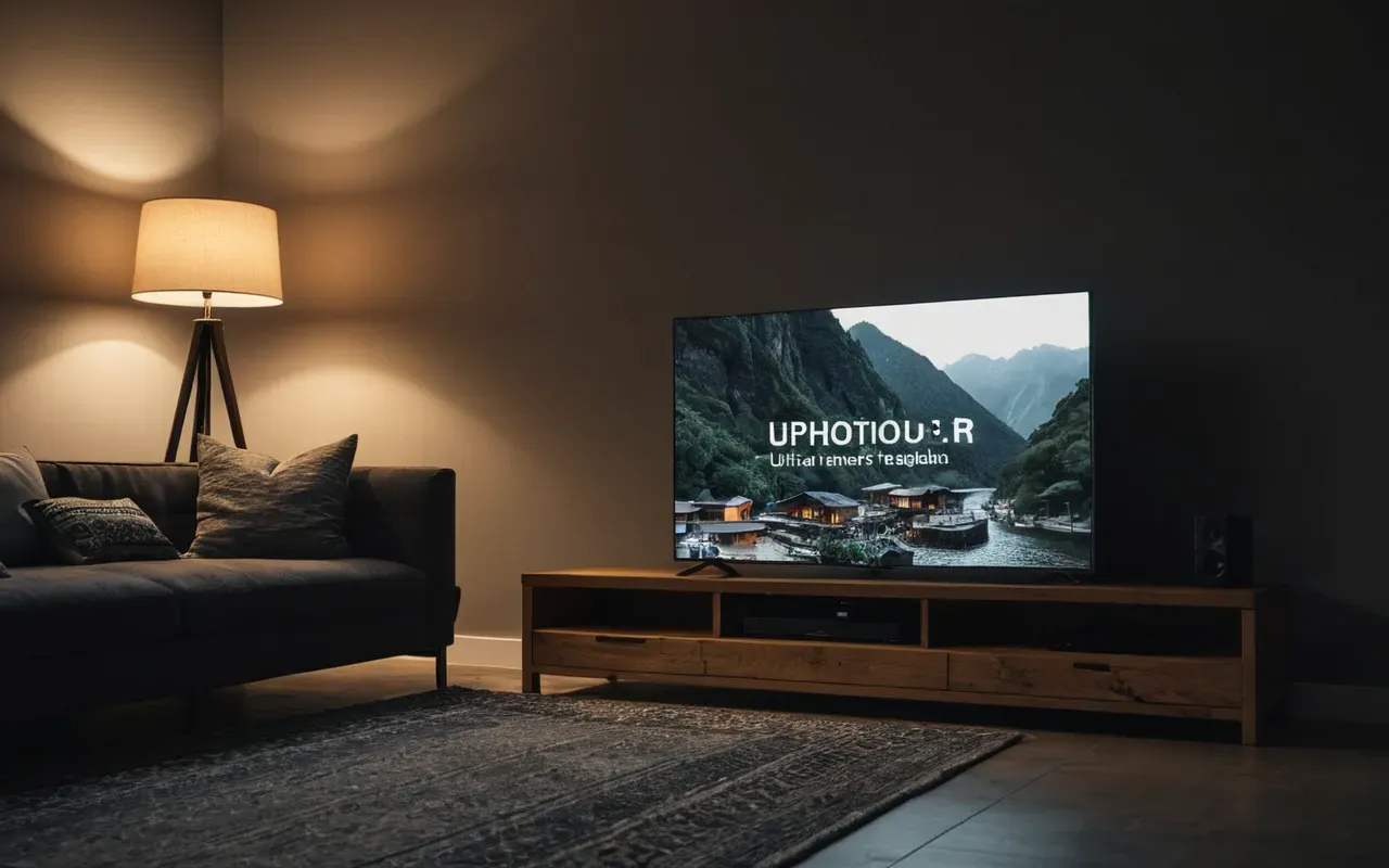 Wide shot of a modern minimalist living room with a large television screen glowing in the dark, soft ambient lighting from floor lamps, editorial photography style