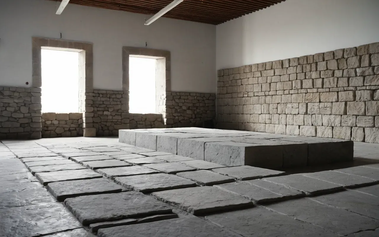 archaeological site model Wide shot of a modern minimalist studio set with smooth stone slabs arranged like an archaeological layout under soft diffused daylight and neutral gray tones