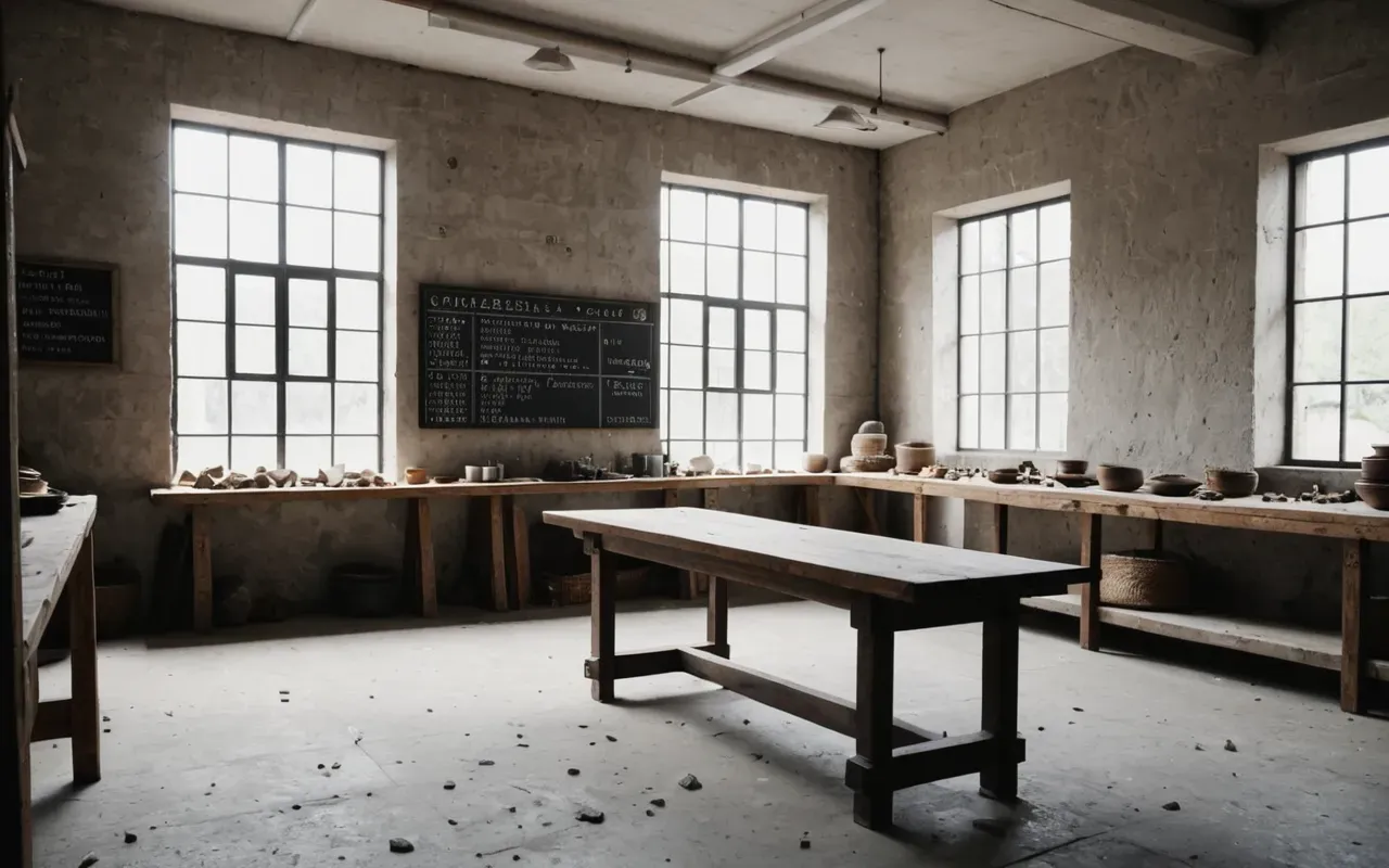 Wide shot of a modern minimalist workshop interior with a workbench, scattered stone fragments and soft natural light from tall windows in neutral tones