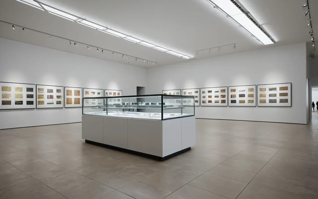 Wide shot of a modern museum gallery with glass display cases, soft overhead lighting, neutral floor, minimalist design, empty space, clean lines