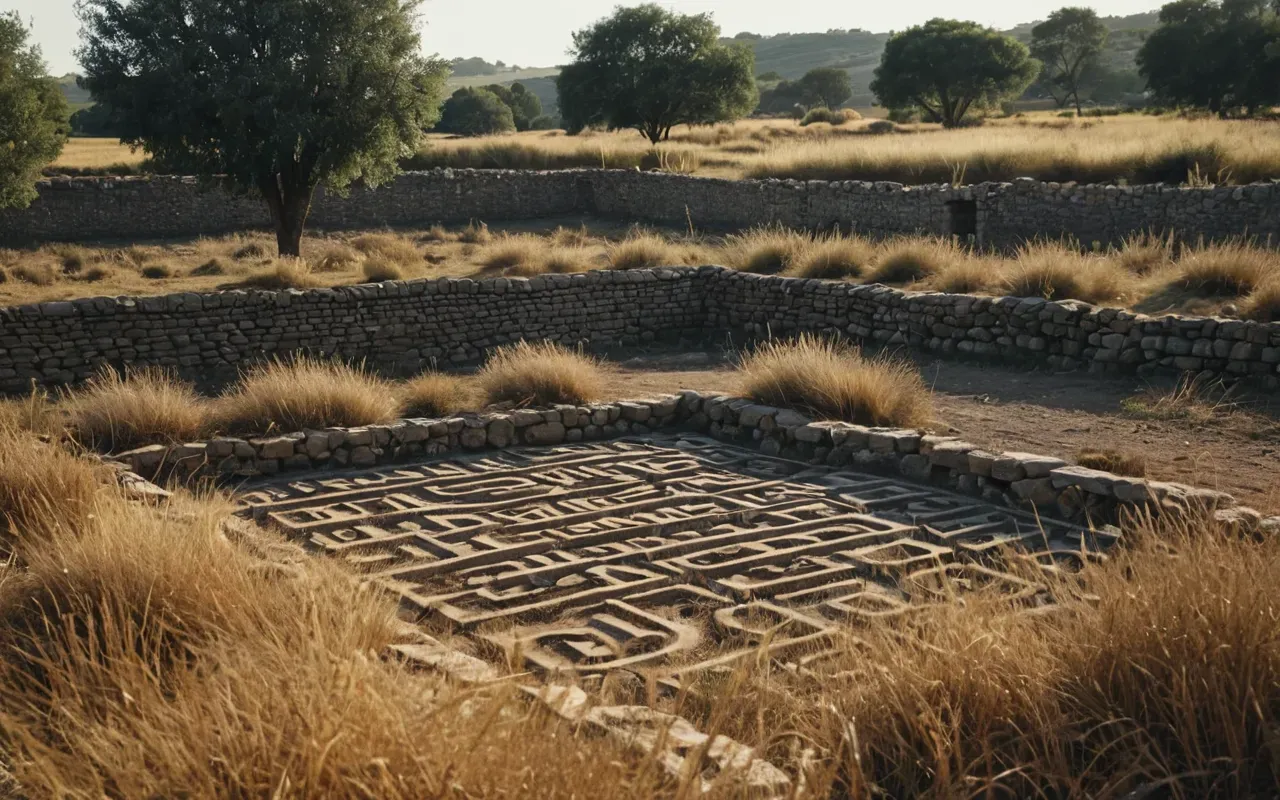 Wide shot of a quiet outdoor excavation area with low stone walls and dry grass in late afternoon light, no people visible.