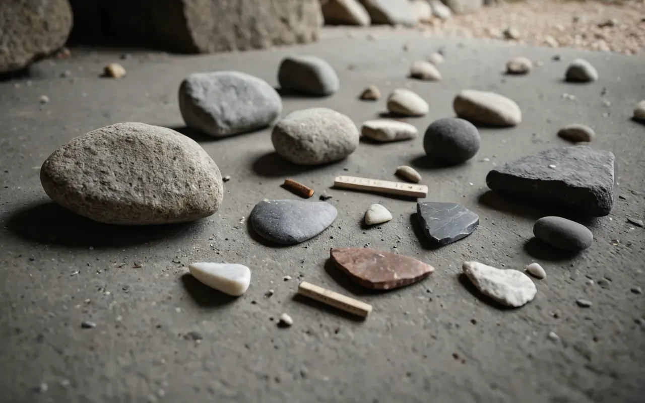 Wide shot of ancient stone tools and flint artifacts arranged on a clean concrete surface with soft diffused lighting and neutral tones