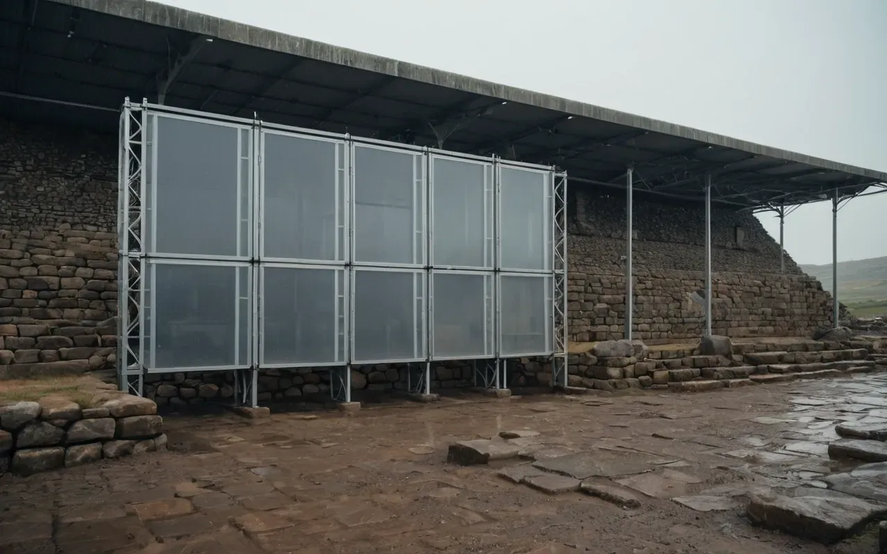 archaeological preservation shelter Wide view of a modern archaeological protection structure with translucent panels and metal framework enclosing partially exposed stone foundations under overcast natural lighting in open terrain